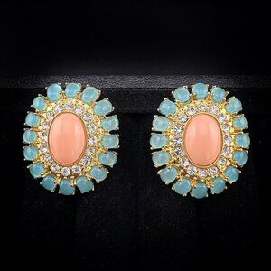 HSN Designer Earrings Cabochon Blue Coral Clear Omega Back Gold Tone HIGH END